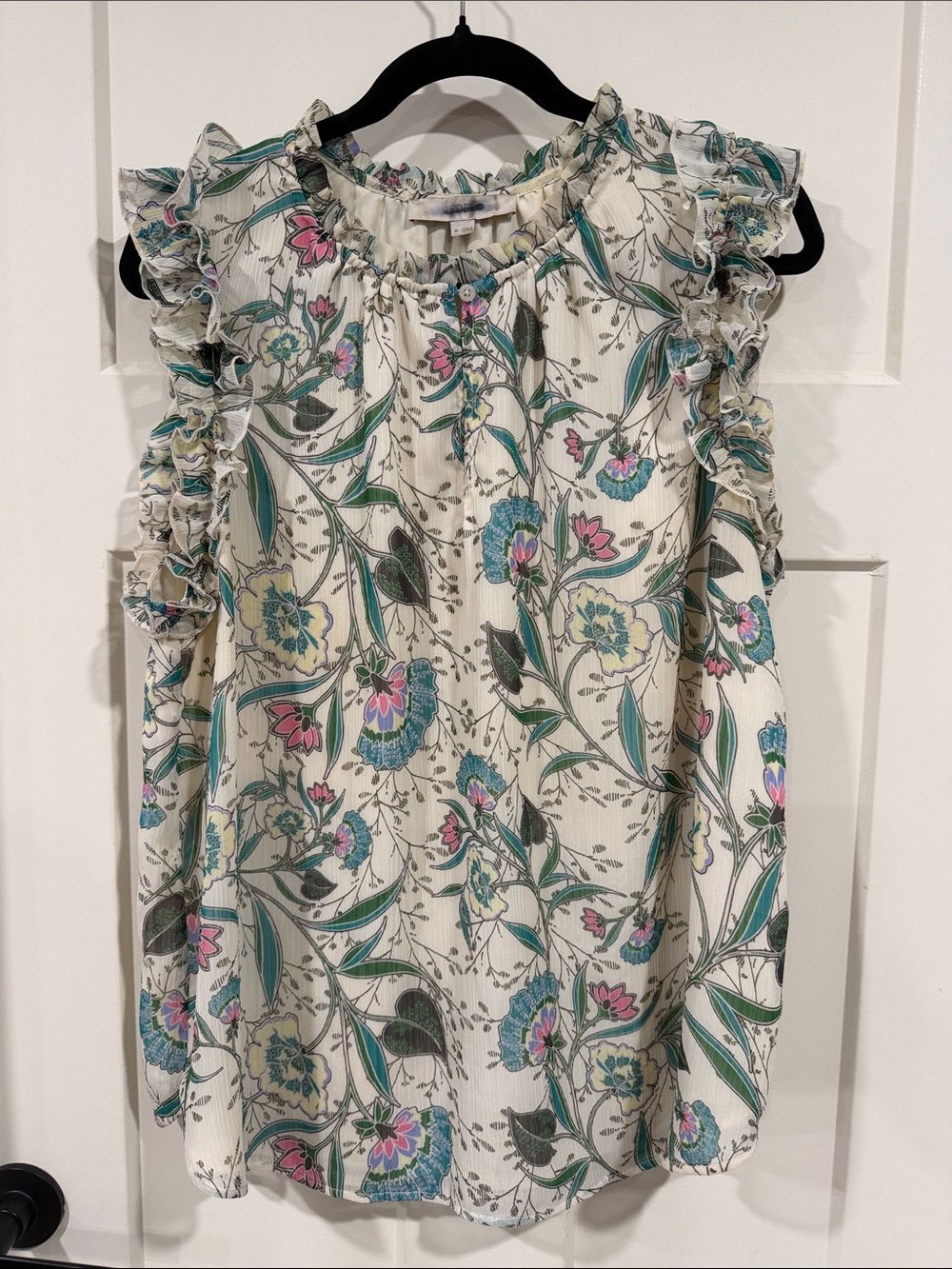 LOFT Floral Ruffle Sleeve Blouse - Cream with Green, Blue, Pink